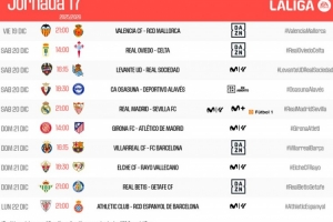 西甲第17轮赛程：12月21日4点皇马vs塞维利亚 23:15黄潜vs巴萨